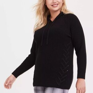 Torrid - Lace-Up Raglan Sleeve Ribbed-Knit Black Pullover Hooded Sweater - 3X